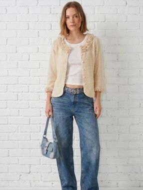 COLDWATER CREEK Women's Cream Knit Cardigan Ruffle Fringe Collar Cuffs Size XS